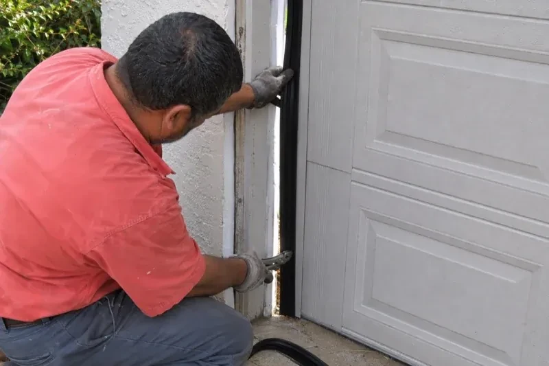 Gloved person holding a black strip along the side of a sectional garage-door opening — Garage Door Perimeter Weatherstrip, Vaughan