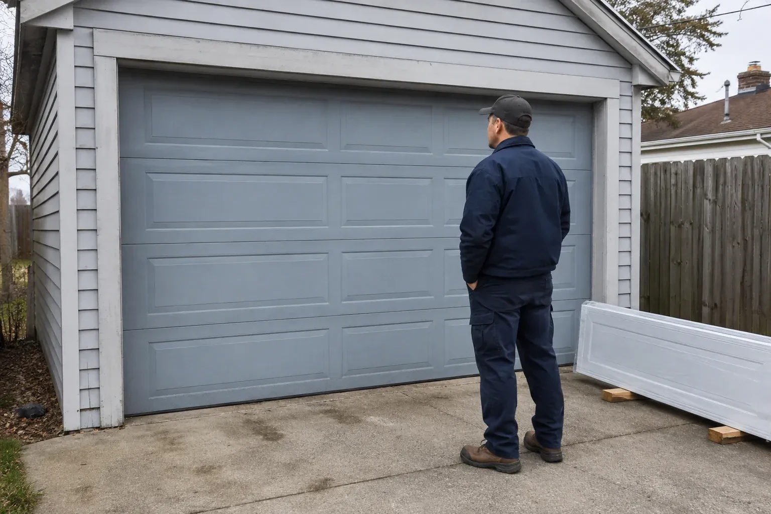 A person examines a blue-grey sectional garage door with a packaged door panel resting beside the driveway. — Sectional Garage Door Replacement, Vaughan