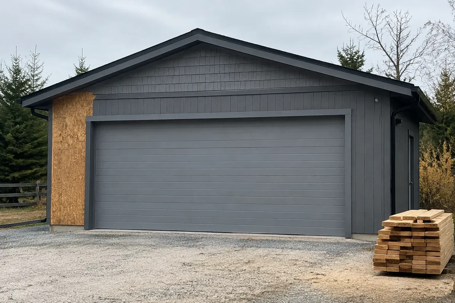 Closed grey garage door on a partly finished building beside stacked lumber. — New-Construction Garage Door Installation, Vaughan