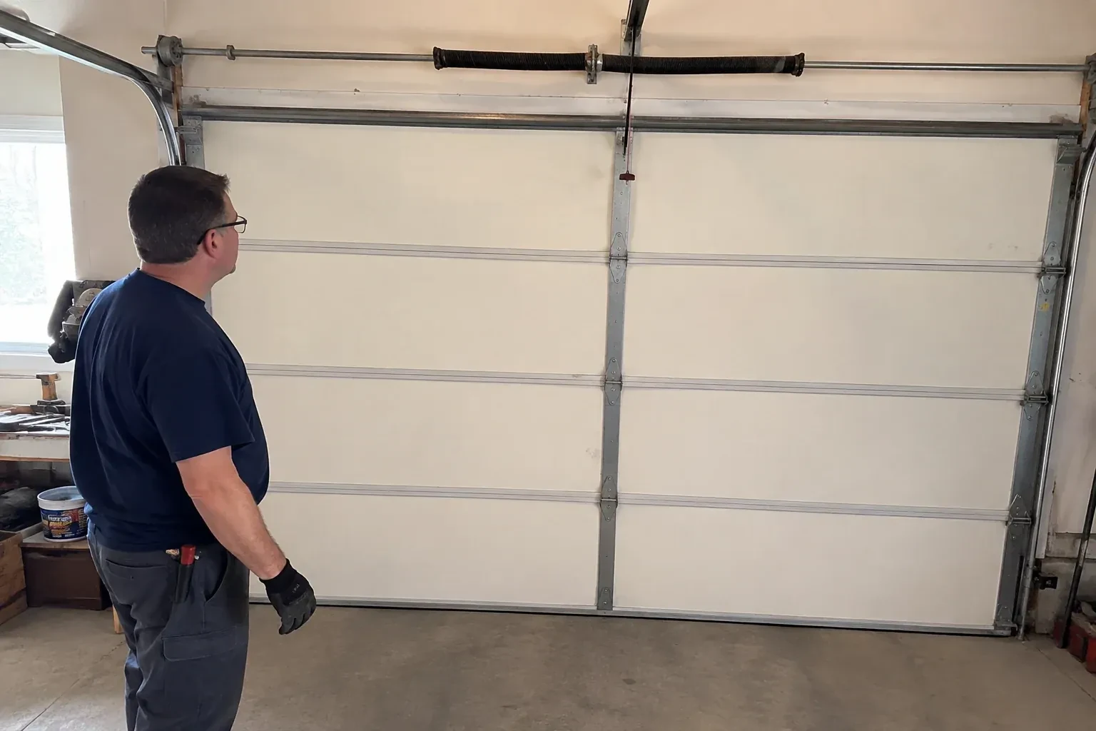 Person in a dark shirt standing before a closed cream sectional door, looking up at a coiled spring and red-tipped cord. — Off-Track Garage Door Reset, Vaughan