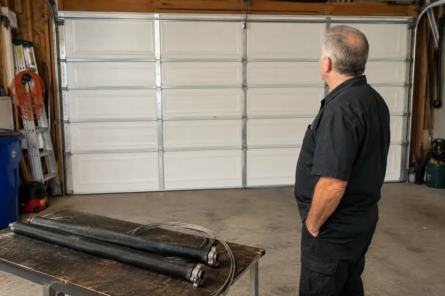 Detached coil springs with end fittings and a cable rest on a bench in front of a closed garage door. — Torsion Spring Replacement, Vaughan