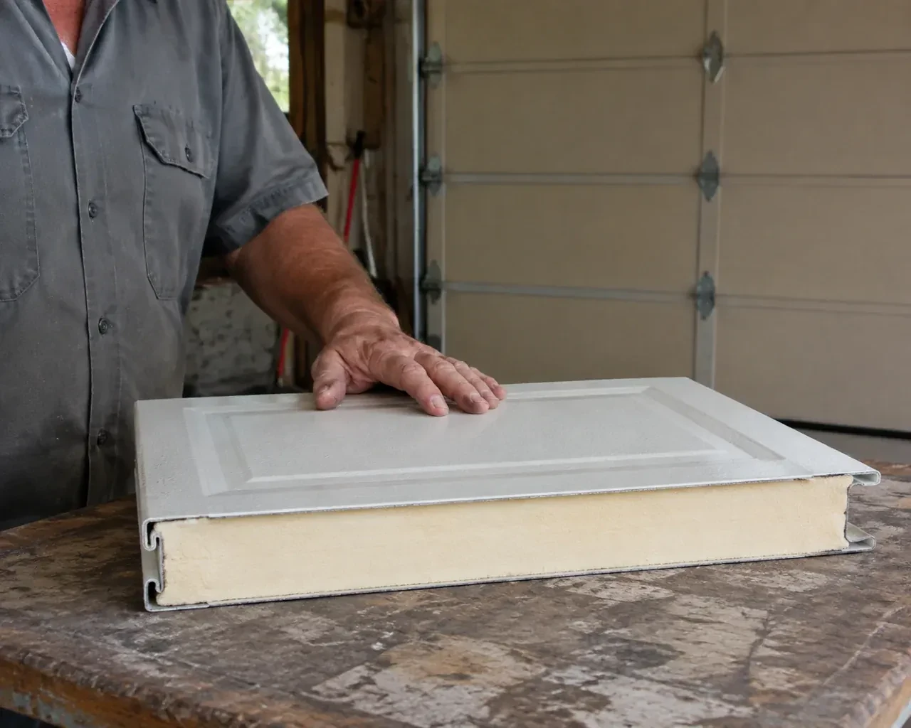 A panel sample exposes a cream foam core between thin metal faces on a garage workbench. — Insulated Steel Garage Door Installation, Vaughan