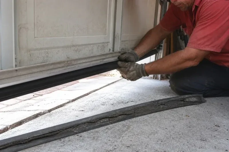 Person fitting a black strip along the bottom edge of a partly raised garage door, with a cracked strip lying on the floor. — Garage Door Bottom Seal Replacement, Vaughan