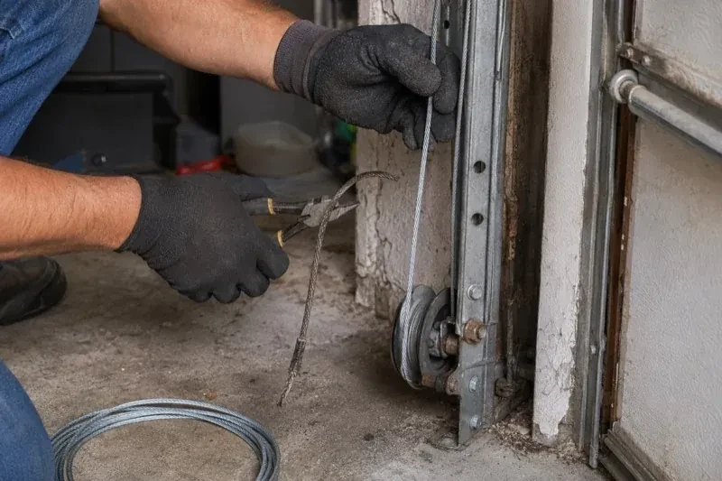 Gloved hands holding a bright cable and pliers gripping a frayed cable beside a garage-door track and pulley. — Garage Door Cable Replacement, Vaughan