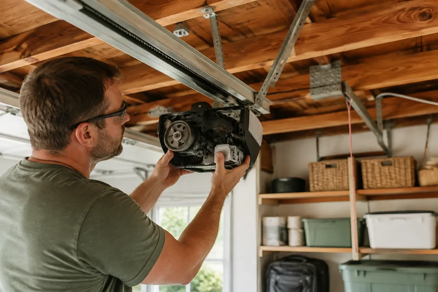 Person in a green shirt and glasses holding an opened opener housing that shows a gear, under wooden ceiling joists. — Belt-Drive Opener Repair, Vaughan