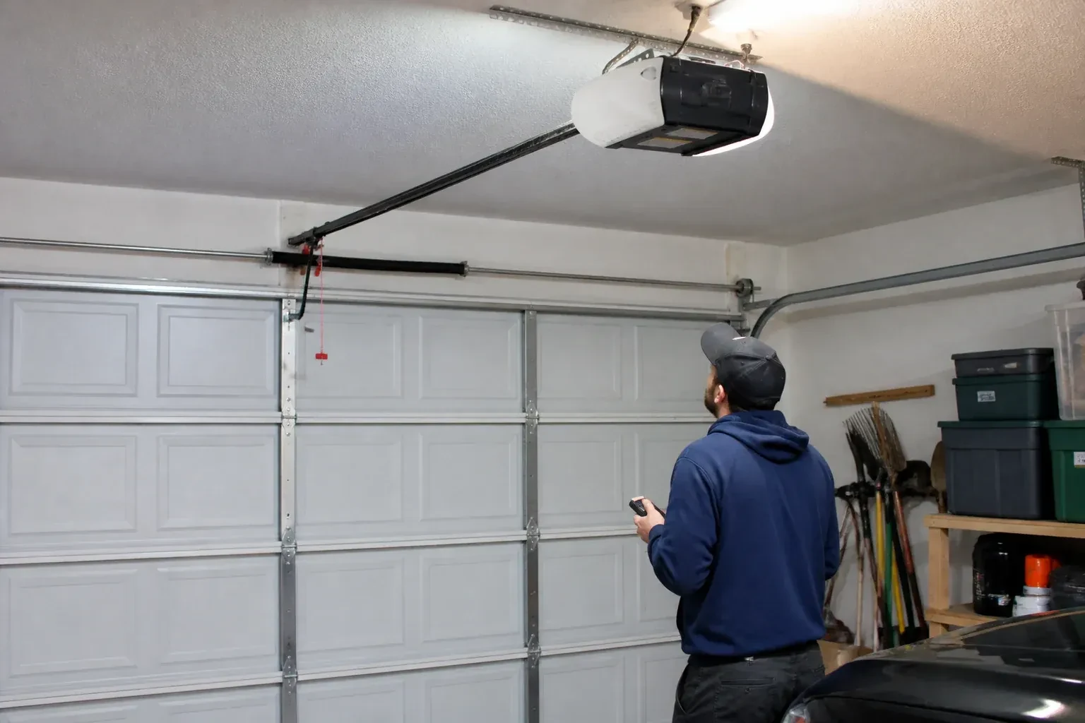 A person holding a remote looks toward an overhead garage-door opener and rail. — Garage Door Opener Diagnosis and Repair, Vaughan