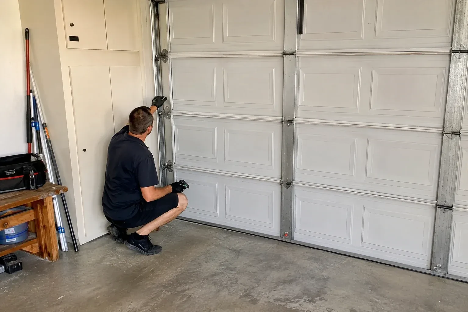 A person kneels beside the side track and hinges of a closed sectional garage door. — Garage Door Safety Inspection, Vaughan