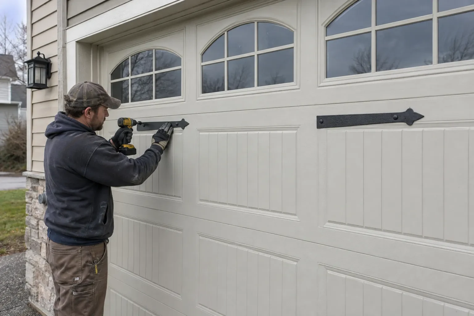 Technician holding a black decorative strap hinge on a beige paneled garage door and driving a screw with a yellow drill.
