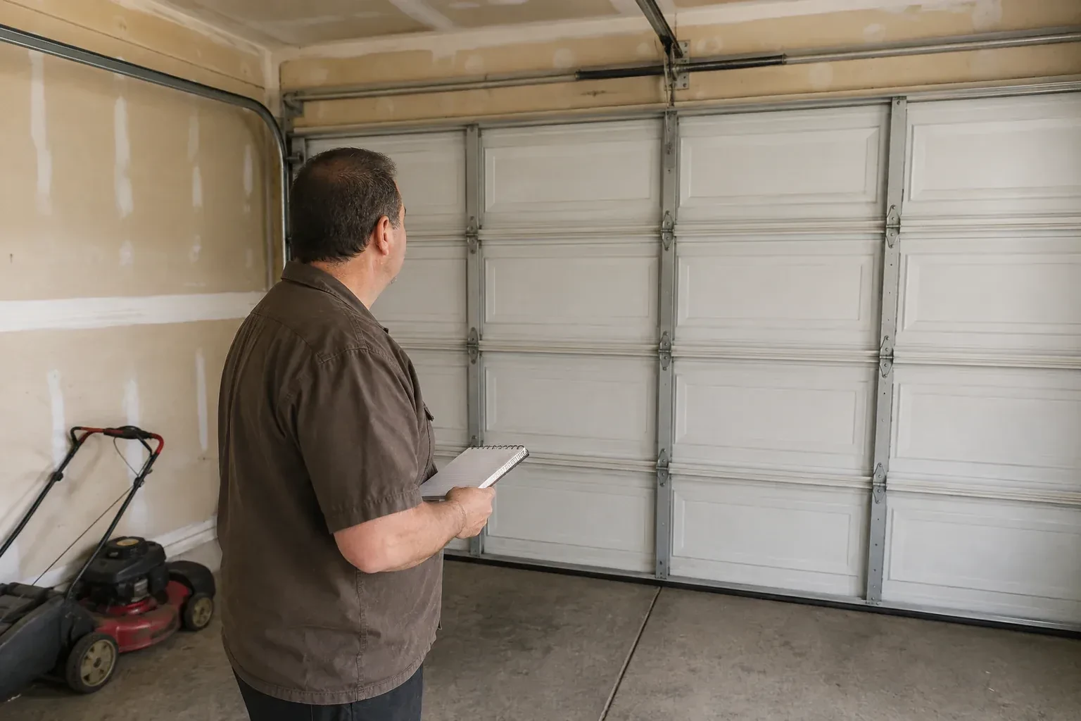 Technician holding a notebook while looking at a closed sectional door. — Garage Door Balance Adjustment, Vaughan