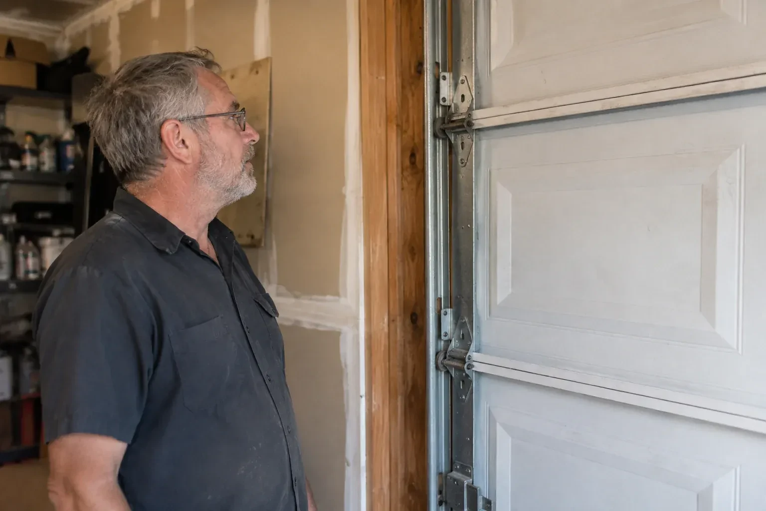 Technician looking at vertical garage door track and edge hinges. — Garage Door Track Repair or Replacement, Vaughan