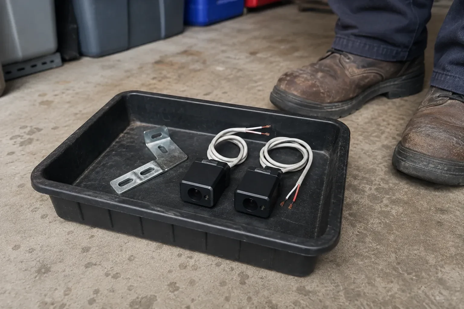Two detached black sensors with recessed lenses and coiled wires lie in a tray beside a mounting bracket. — Photo-Eye Sensor Alignment or Replacement, Vaughan