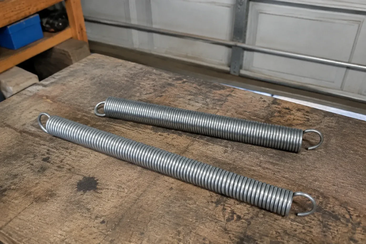 Two detached extension springs with hooked ends on a garage bench. — Extension Spring Replacement, Vaughan